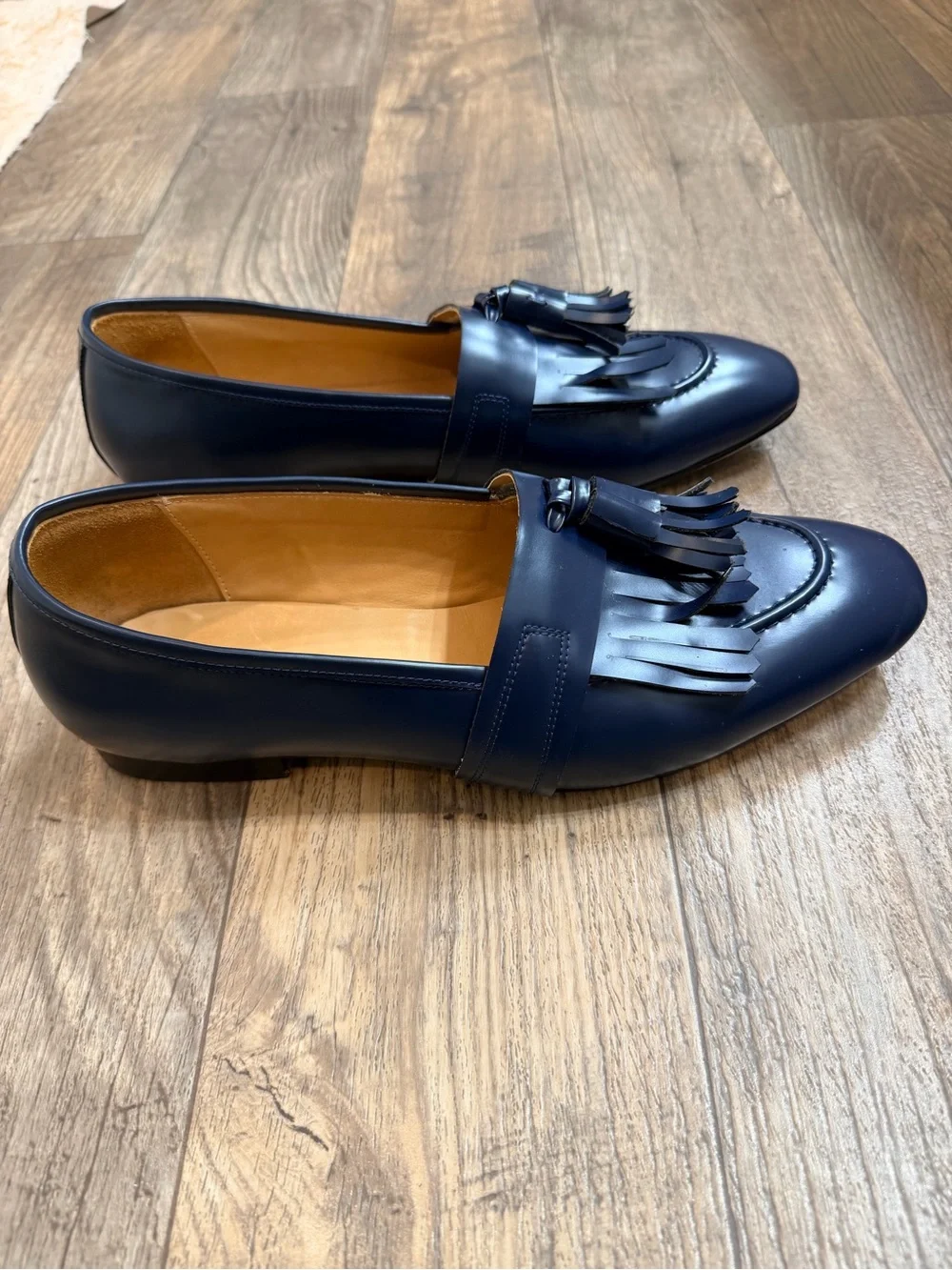 Navy Tassel Fringe Leather Slip-On Loafers